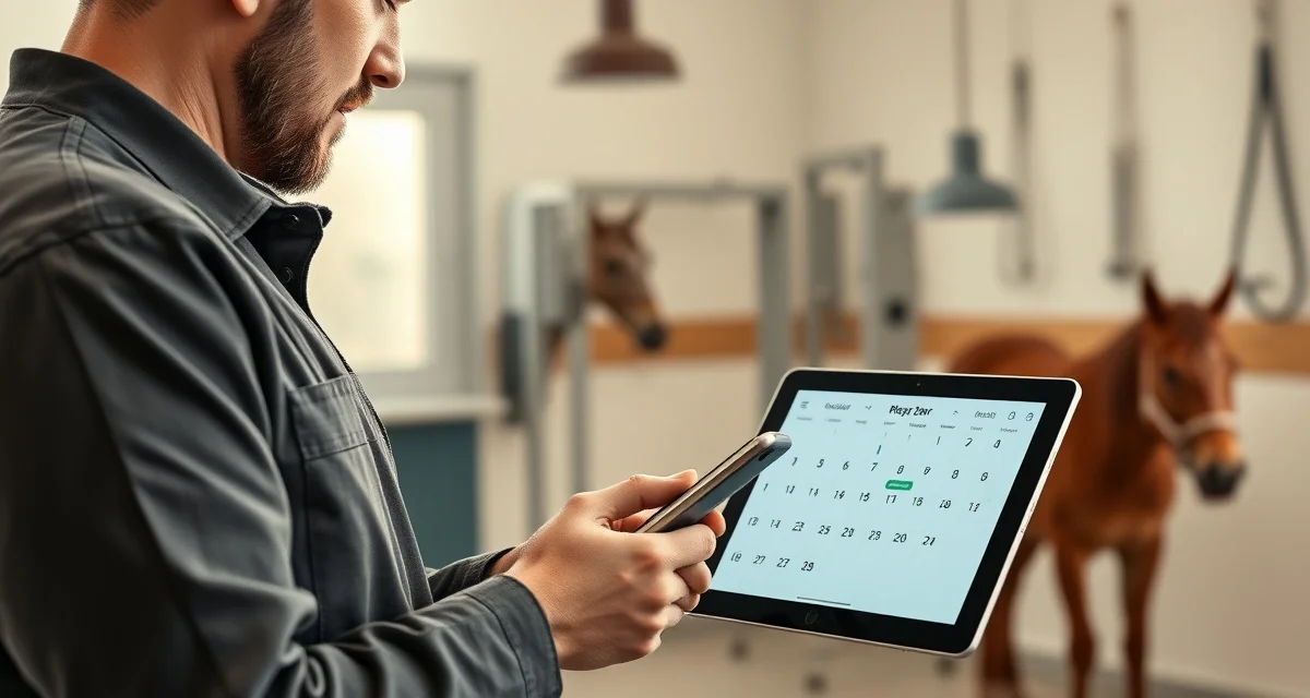 Digital farrier scheduling and automated client reminders Farrier using automated appointment reminder software on tablet to manage horse care scheduling and reduce no-shows
