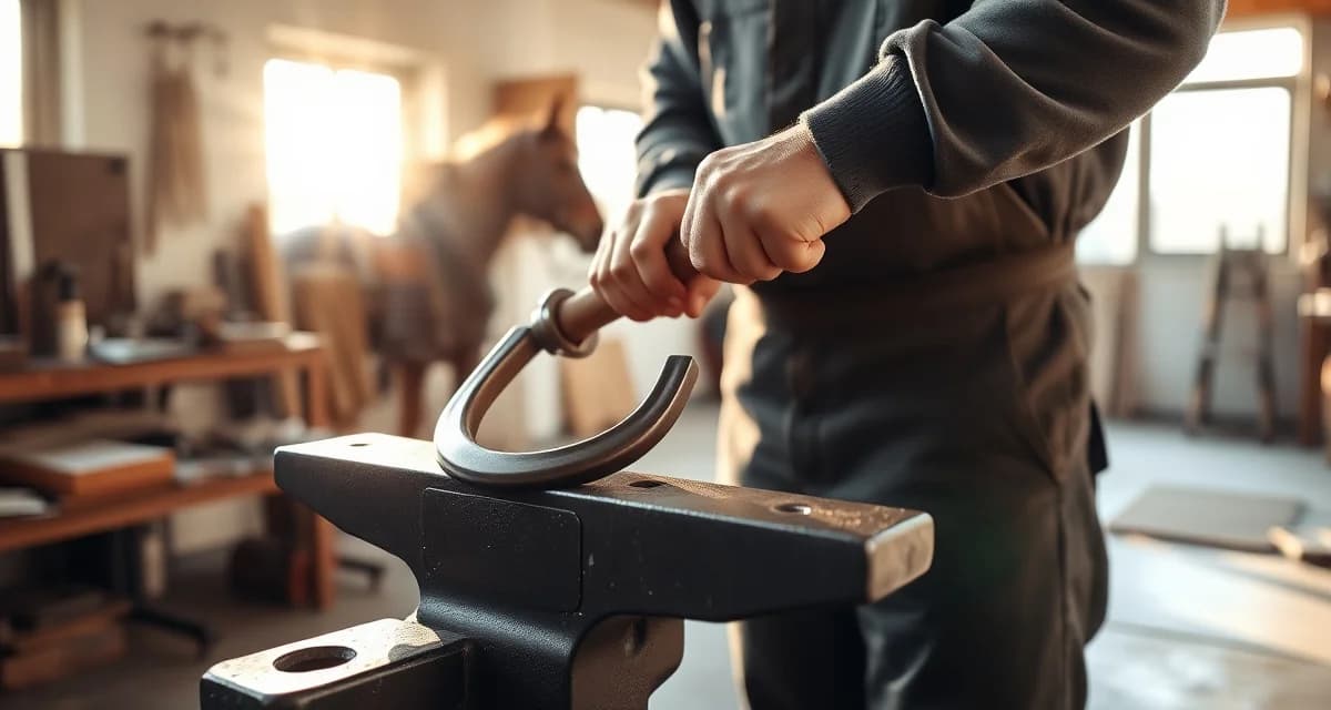 AFA Farrier Apprenticeship Training Farrier apprentice forging a horseshoe at anvil during hands-on hoof care training and certification program.