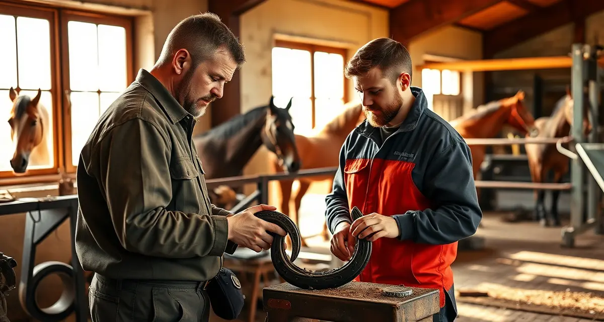 Farrier apprenticeship training and business scaling Senior farrier mentor training apprentice on professional hoof care techniques using FarrierIQ scheduling system in modern farrier workshop