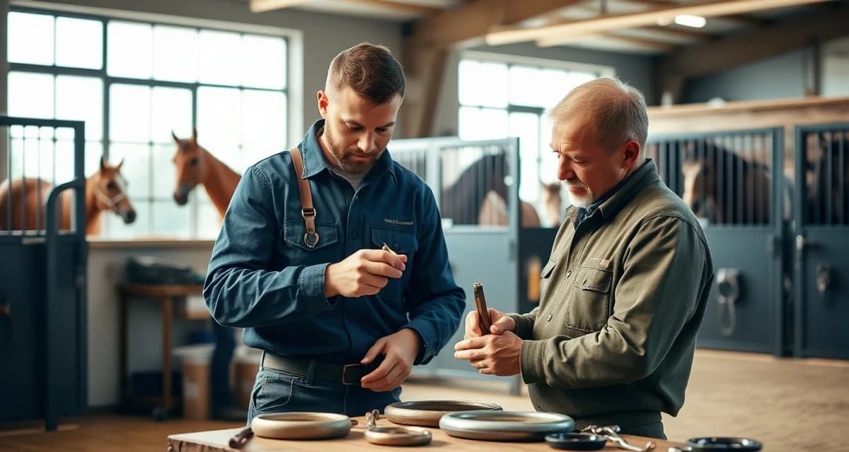 Farrier apprentice training and mentorship in action Experienced farrier instructor training apprentice on hoof care techniques and farrier tools in professional workshop setting.