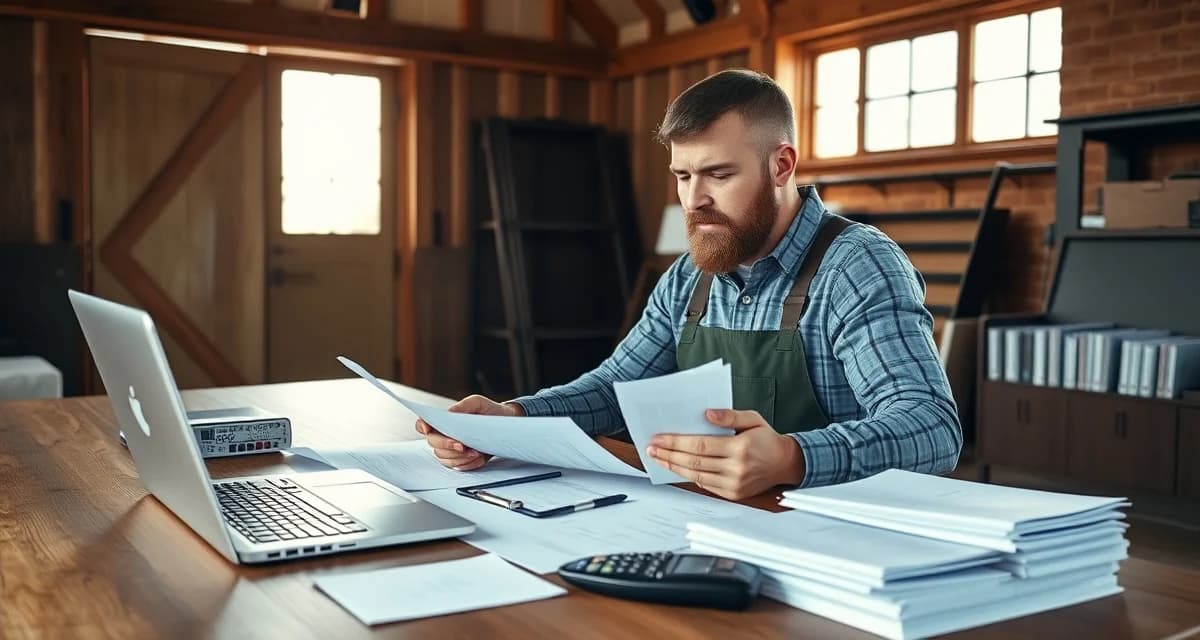 Farrier bookkeeping and financial management for self-employed professionals Farrier reviewing business accounting records and financial documents to track income and expenses for tax purposes and business growth.