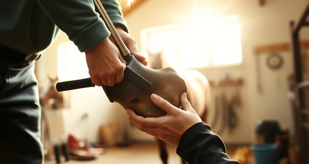 Expert farrier hoof care and business management Professional farrier trimming and caring for a horse's hoof using specialized shoeing tools in a modern barn facility.