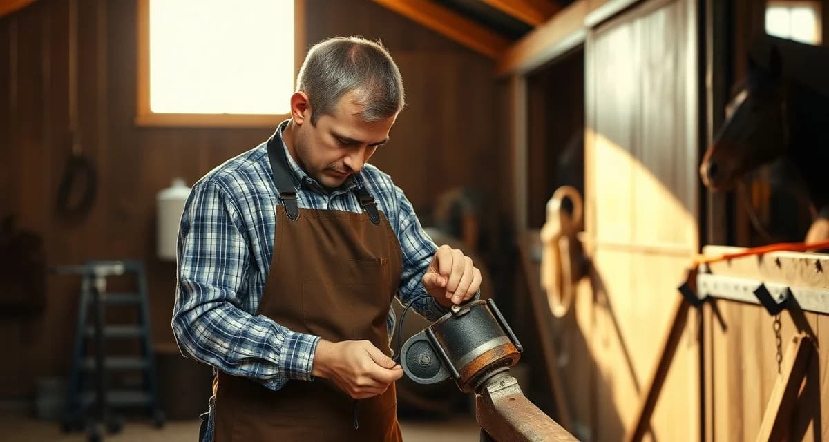 Expert farrier providing specialized hoof care services Professional farrier performing hoof care on a horse, demonstrating quality workmanship and client service standards.