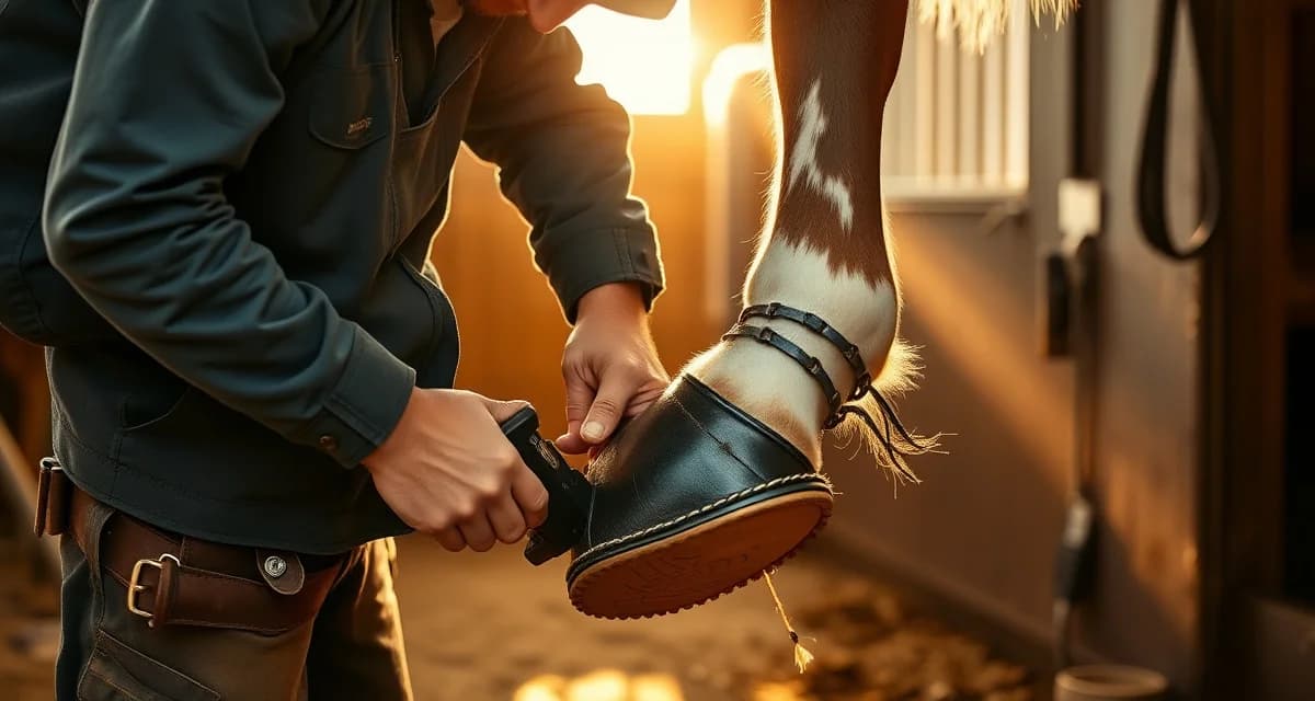 Expert farrier business management and hoof care services Professional farrier performing hoof care and horseshoe fitting on a horse, demonstrating skilled farrier business practices and modern equine management techniques.