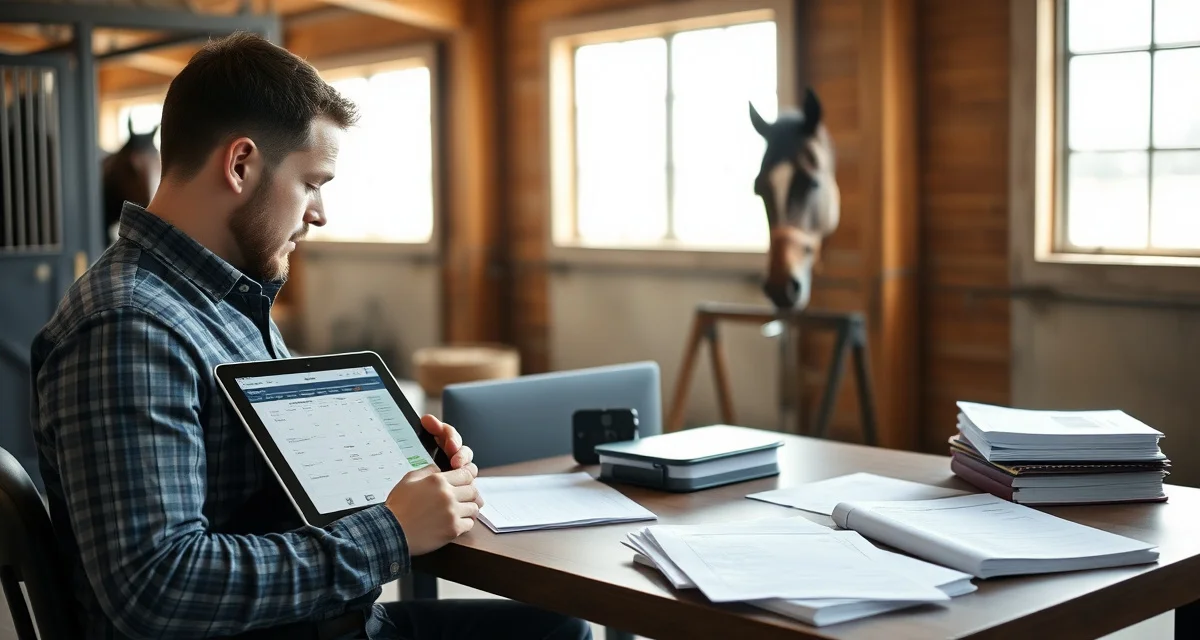 Farrier scheduling and business management platform Farrier using digital business management software on tablet to schedule appointments and track horse health records