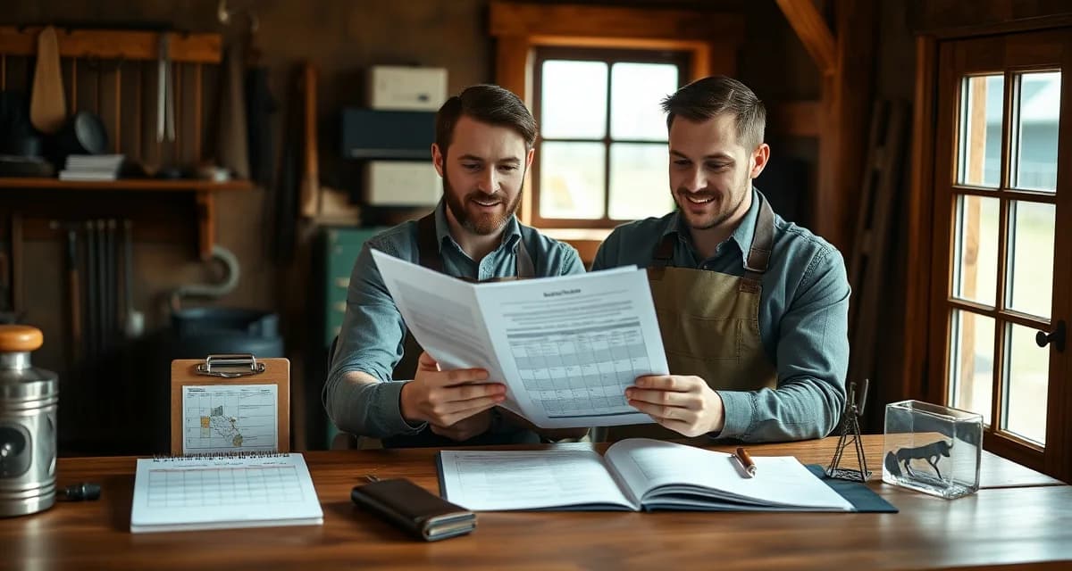 Farrier business planning with professional tools Farrier reviewing business plan template with hoof care tools and scheduling calendar on desk for growing equine service business