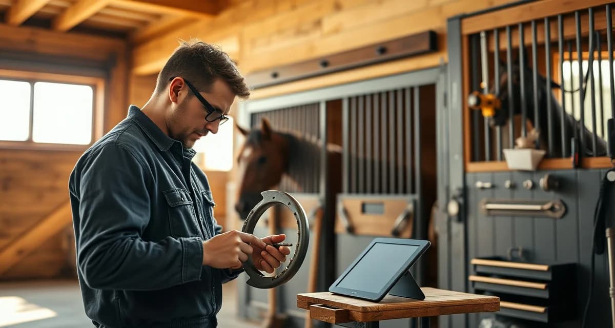 Starting a profitable farrier business with proper systems Professional farrier setting up business with proper licensing, pricing structure, and client acquisition systems for profitable hoof care management.