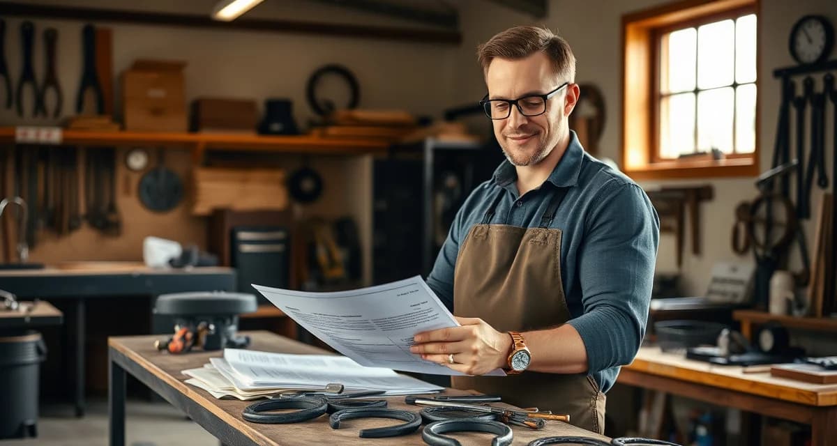 Essential planning for starting a farrier business Farrier business owner organizing startup documents and scheduling tools for hoof care management success