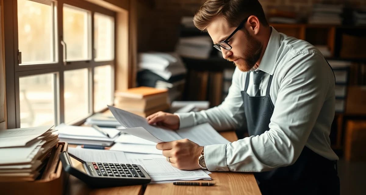Self-employed farrier managing tax documentation Farrier reviewing business tax deductions and financial records at organized workstation with calculator and documents