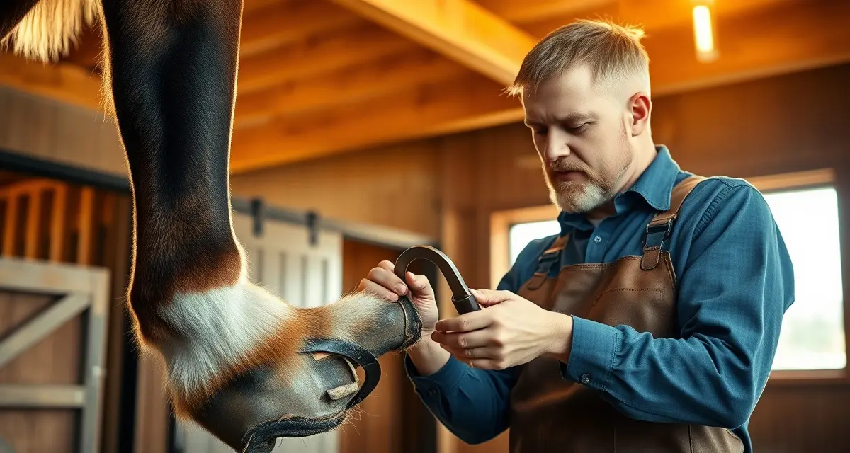 Professional farrier certification and hoof care expertise Certified farrier examining horse hoof during professional horseshoe fitting and hoof care assessment