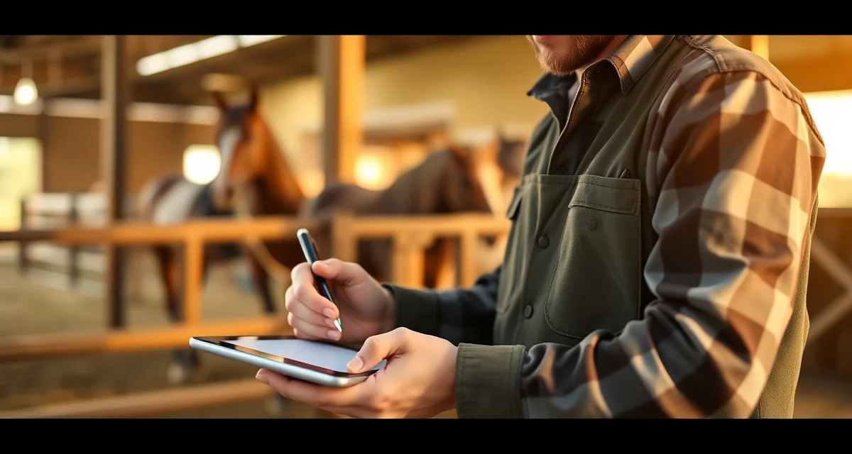 Professional farrier communication best practices Farrier using communication template on tablet to send appointment confirmation message to horse owner at barn