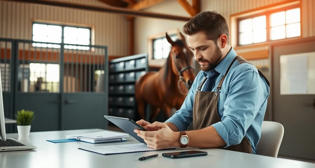 Digital horse farrier client record management system Farrier client management software interface displaying organized horse owner records and scheduling calendar for efficient farrier business operations