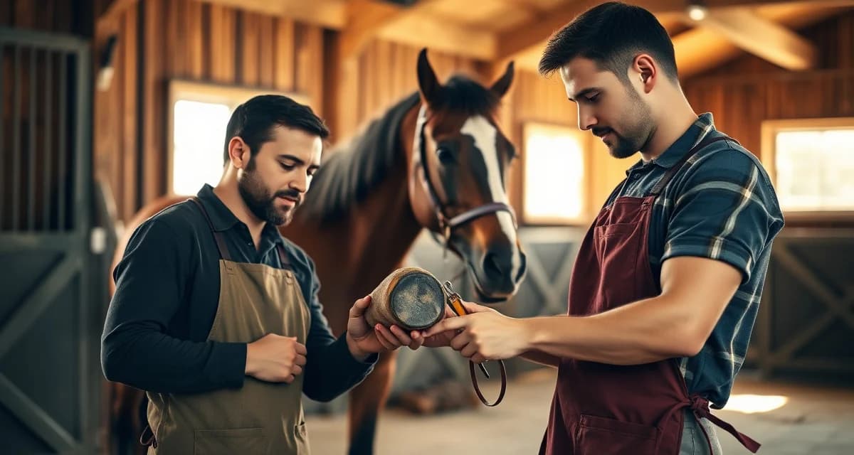 Professional farrier onboarding new horse care clients Experienced farrier performing hoof care and inspection on horse during initial client onboarding visit in professional barn setting.