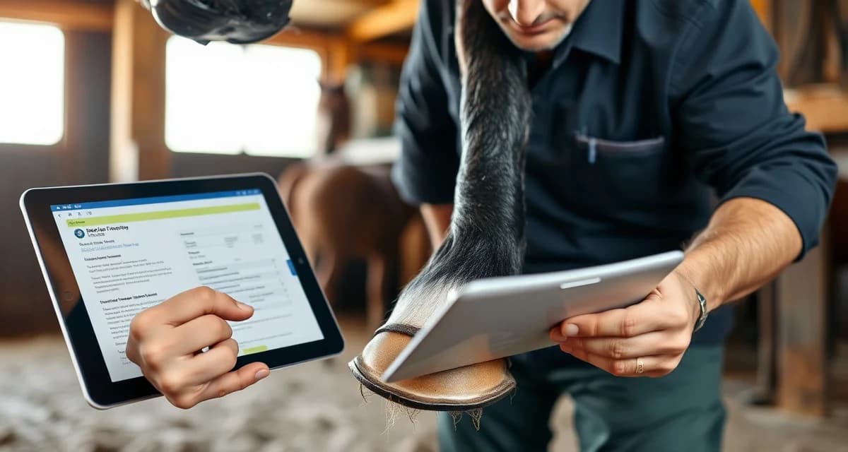 Digital hoof care records system for farriers Farrier reviewing organized digital client records and hoof care documentation for horse health management and vet coordination