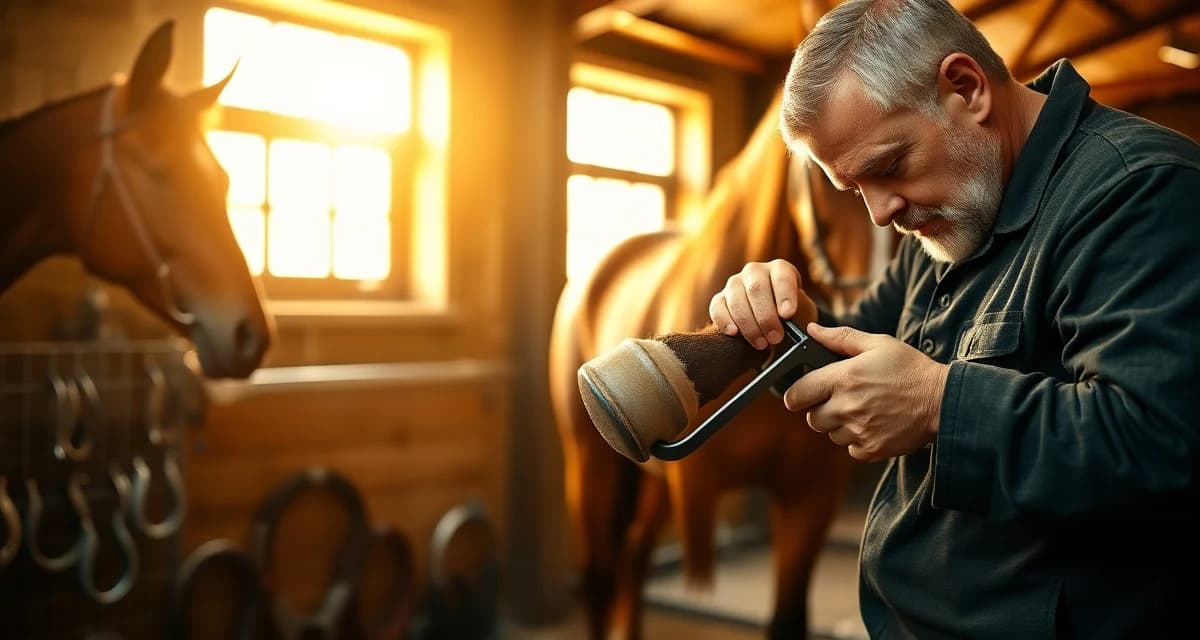 Farrier performing specialized hoof care on horse Professional farrier trimming horse hoof with precision tools in modern stable setting, demonstrating quality hoof care management