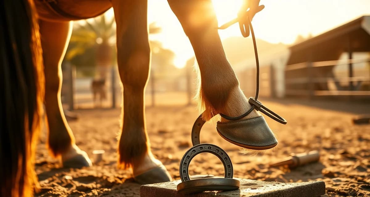 Farrier at work: California hoof care pricing guide Professional farrier trimming and shoeing a horse's hoof, demonstrating farrier services and costs across California regions