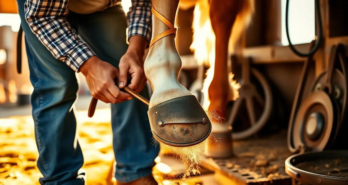Texas farrier pricing and hoof care services Professional farrier trimming and shoeing a horse hoof in Texas, demonstrating farrier services and costs