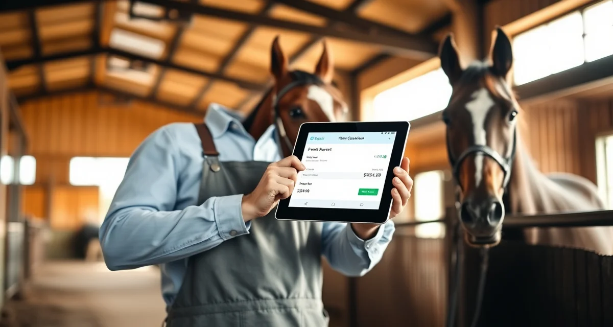 Digital payment confirmation for farrier services Farrier using tablet to process deposit payment from client, reducing appointment no-shows through prepayment system
