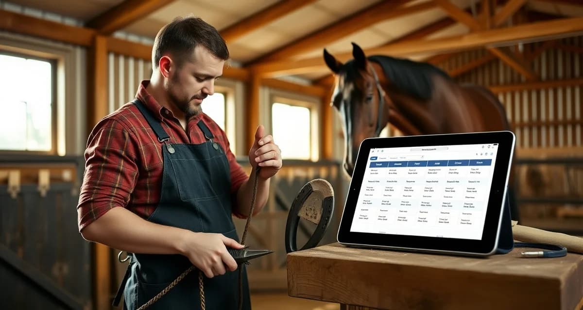 Rural farrier adopting digital hoof care management Texas farrier using FarrierIQ scheduling software on tablet while working on horse hoof care in rural barn setting