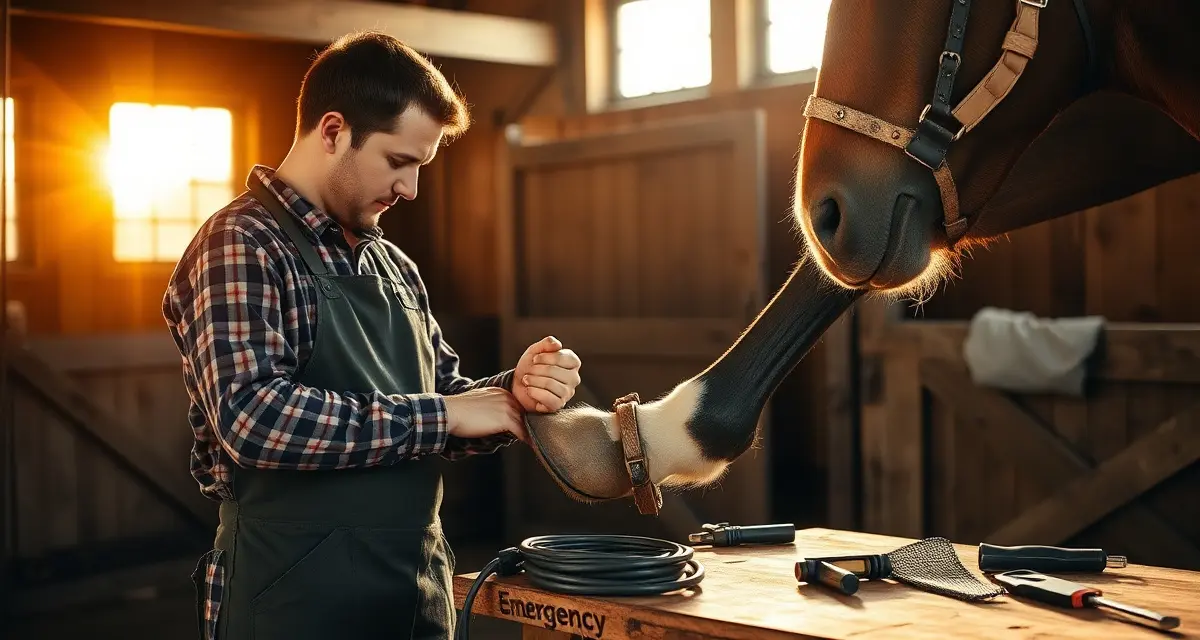 Emergency farrier shoeing service in action Professional farrier performing emergency shoe replacement on horse hoof with specialized tools and expertise