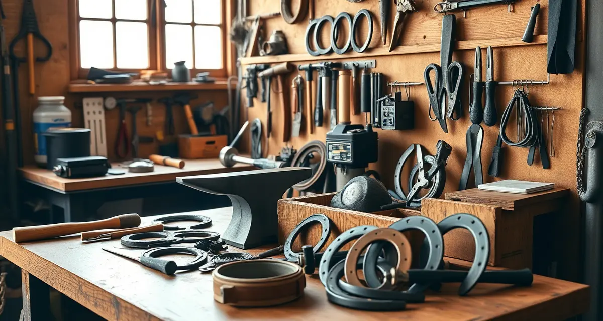 Essential farrier rig tools and equipment Complete farrier equipment checklist showing trimming tools, nailing equipment, anvil, forge, shoes and safety gear organized on workbench