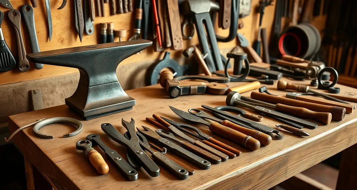 Essential farrier tools and equipment setup Professional farrier equipment kit including hand tools, anvil, forge, and horseshoes for horseshoeing and hoof care.