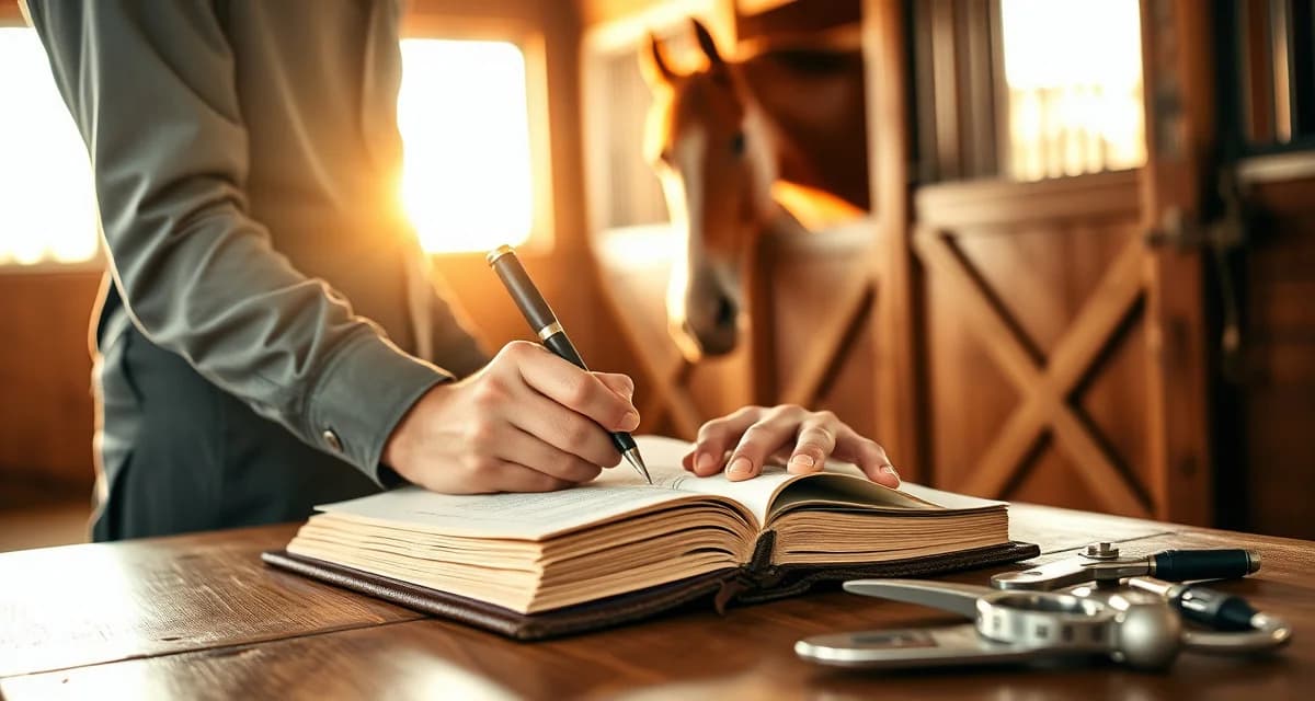 Professional hoof care documentation and record keeping Farrier documenting detailed hoof care records in professional record book during horse visit