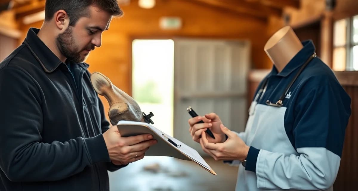Professional hoof documentation during farrier examination Farrier documenting horse hoof health records and conditions during professional examination and care assessment