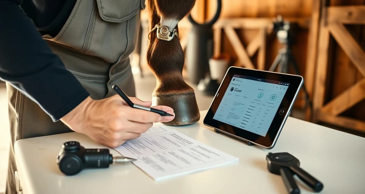 Digital hoof care documentation system Farrier reviewing detailed hoof health records and photo documentation on tablet for equine care management