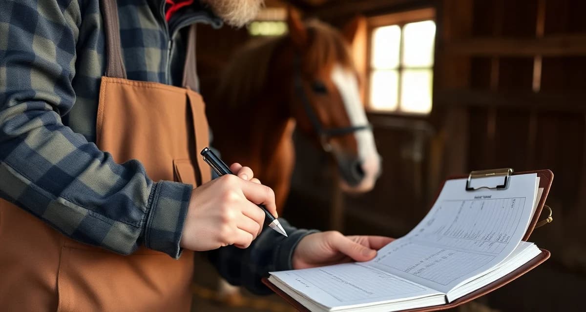 Professional horse shoeing record keeping and documentation Farrier documenting detailed horse shoeing records and hoof care notes in organized record book system