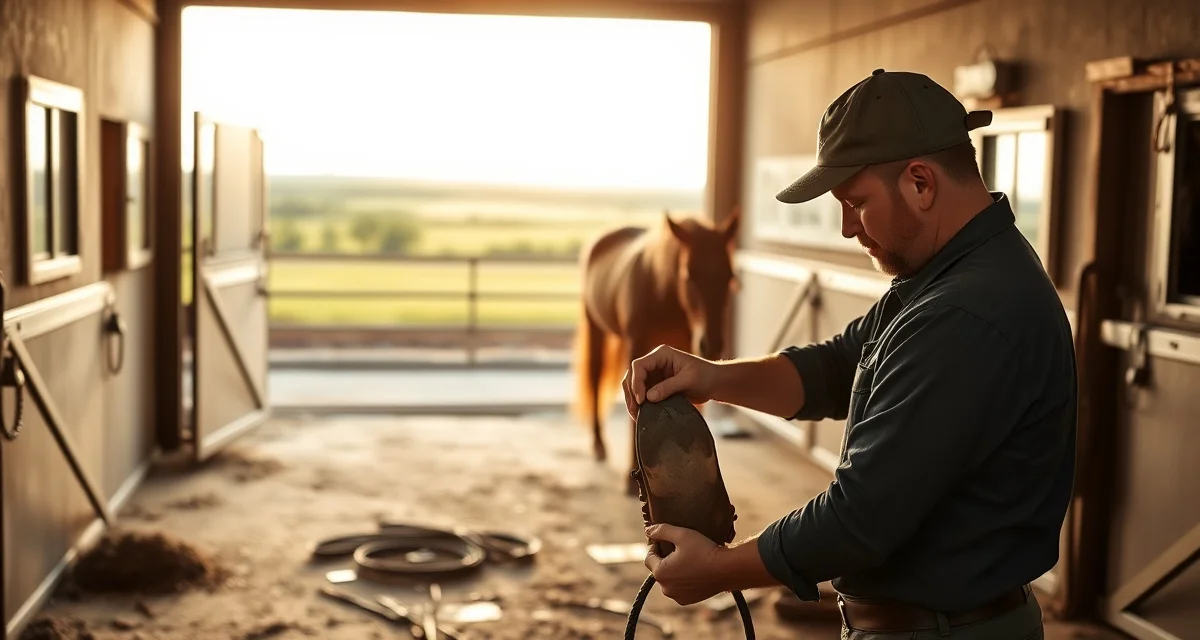 Farrier scheduling solutions for Houston's sprawling metro market Experienced farrier managing horse hoof care in Houston Texas, demonstrating professional equine farrier services for busy metro area.