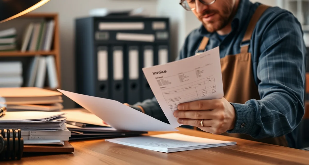 Professional invoice collection workflow for farrier businesses Farrier reviewing overdue invoices and payment tracking documents at desk for cash flow management