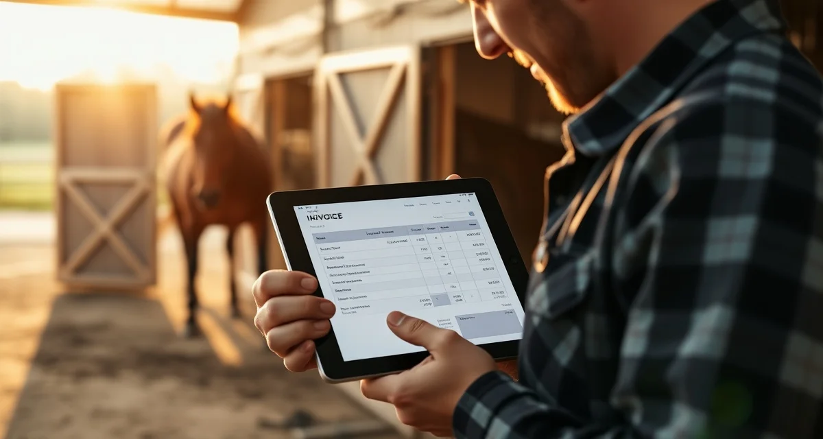 Professional farrier invoicing software for equine hoof care services Farrier invoice template generator displaying itemized horse shoeing services with professional billing format on digital device