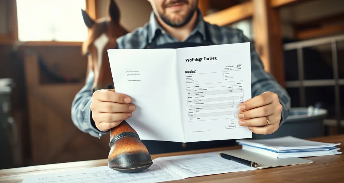 Farrier invoice template example for professional horse care billing Professional farrier invoice template showing itemized charges for hoof care services with organized billing sections