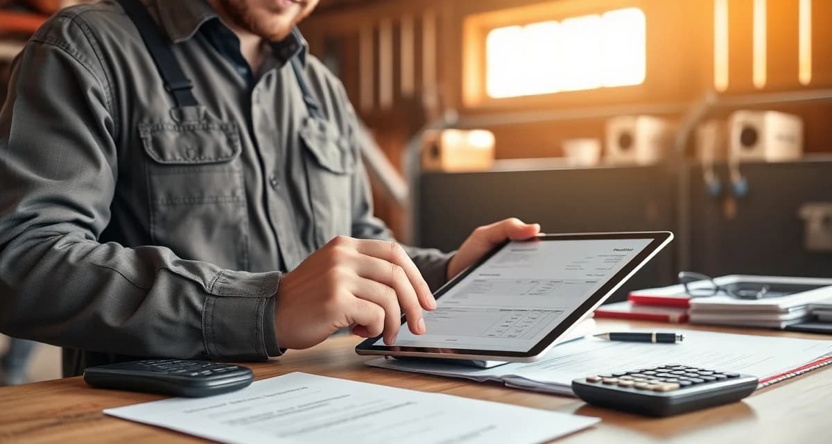 Modern farrier invoice management tool Professional farrier completing an itemized invoice using digital invoicing software on tablet at barn workstation