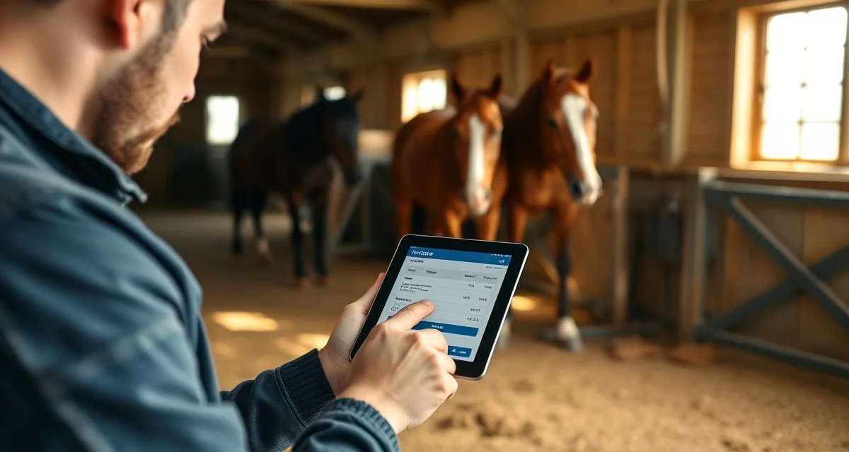 Digital farrier invoicing software in action Farrier using mobile invoicing app on tablet while managing horse hoof care and payments in barn