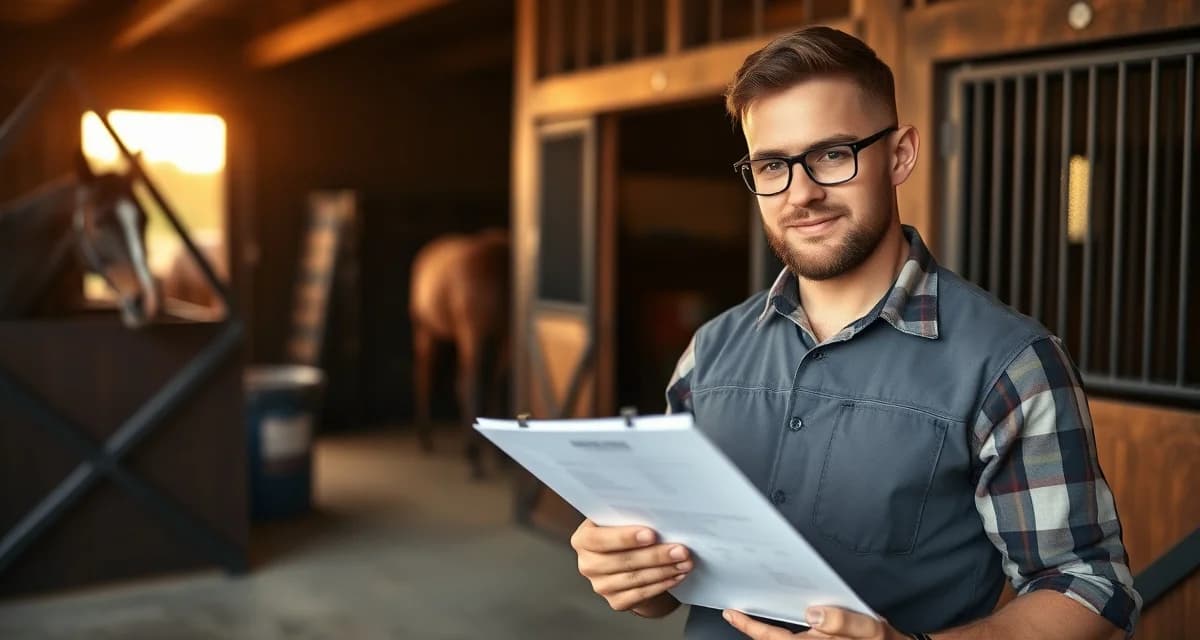 Professional farrier invoice management and payment processing Farrier reviewing invoice documentation for horse hoof care services and payment processing at barn location.