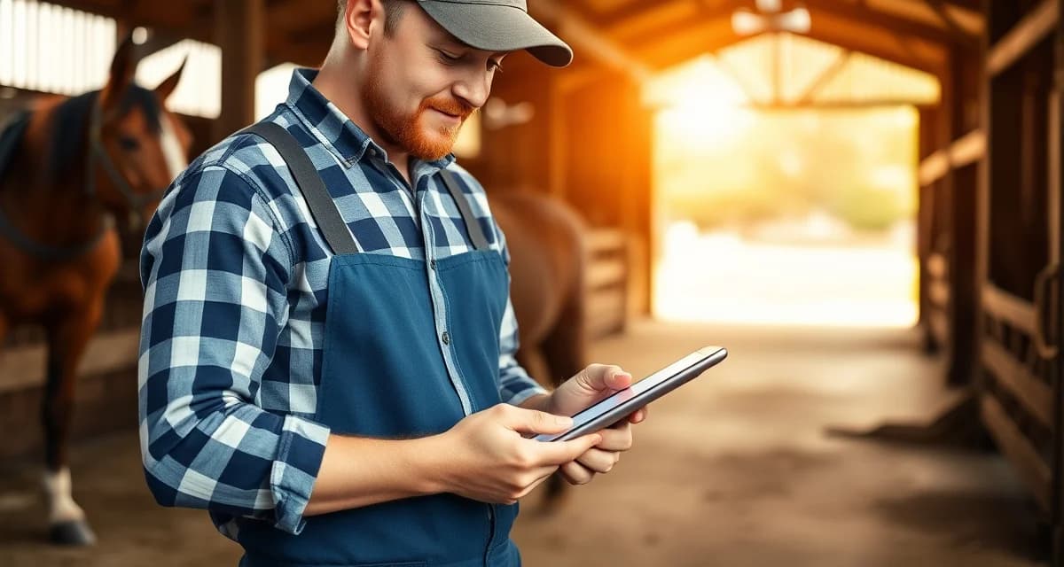 Mobile farrier invoicing software in action Farrier using tablet to send same-day invoice on farm for faster client payment collection