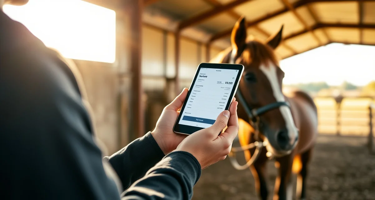 Mobile farrier invoicing workflow Farrier using invoicing software on tablet to bill client after completing hoof care appointment at farm location