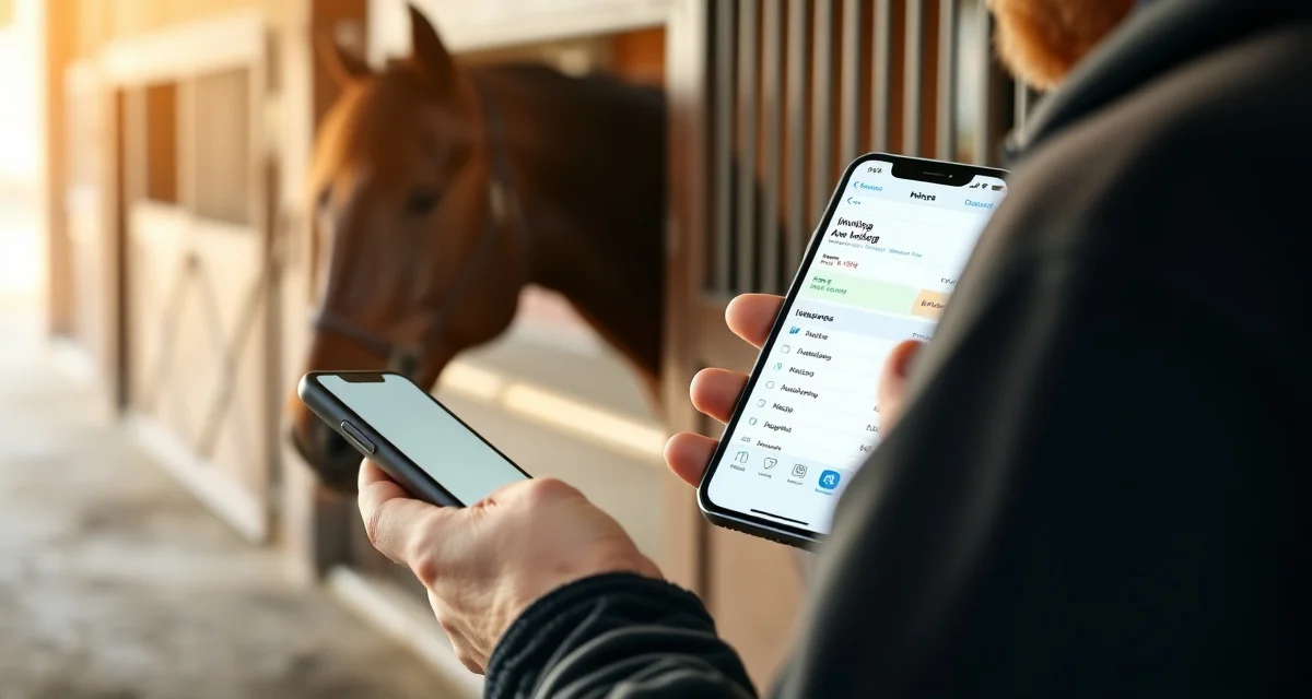 iOS farrier scheduling app in professional use Farrier using FarrierIQ iPhone app to manage scheduling and invoicing at a horse barn job site