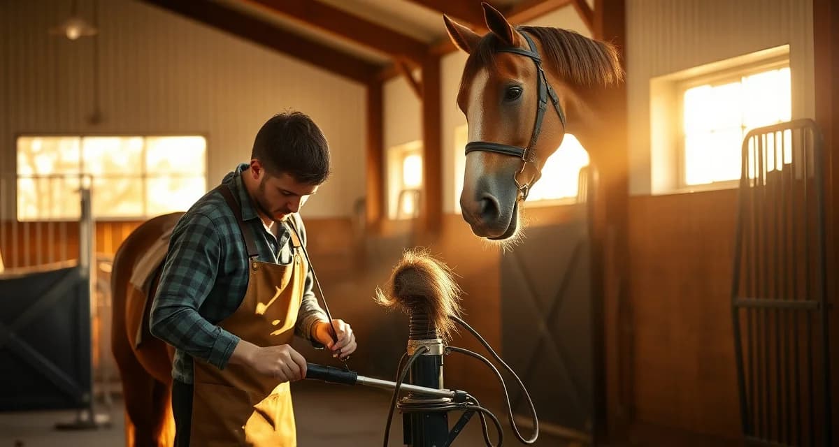 Premium farrier services for Johnson County horse owners Professional farrier performing hoof care on horse in suburban Kansas City Johnson County equestrian facility with modern amenities