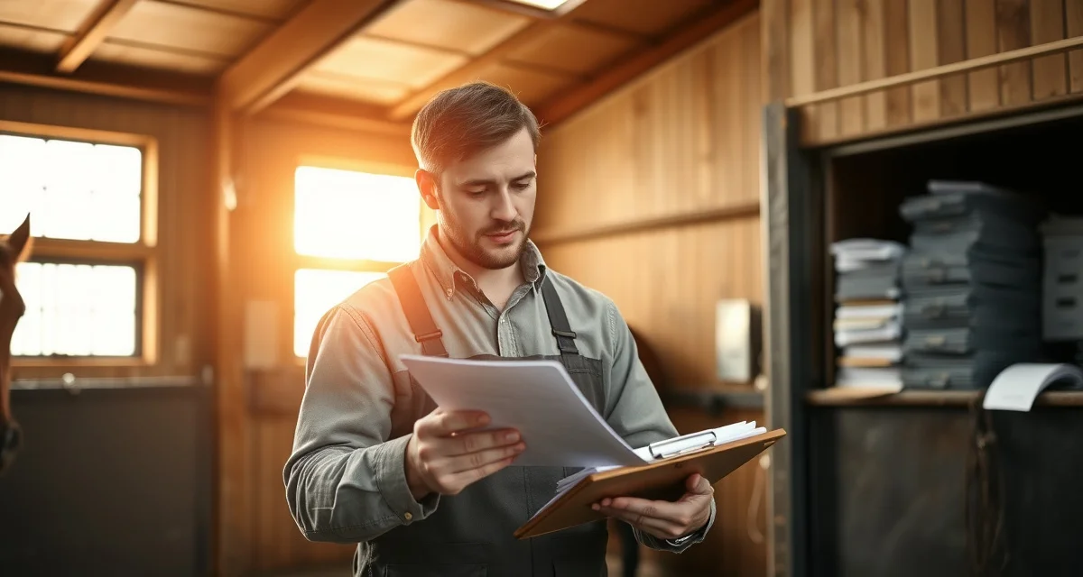 Farrier compliance and licensing documentation Farrier reviewing compliance records and licensing requirements documentation in professional barn setting