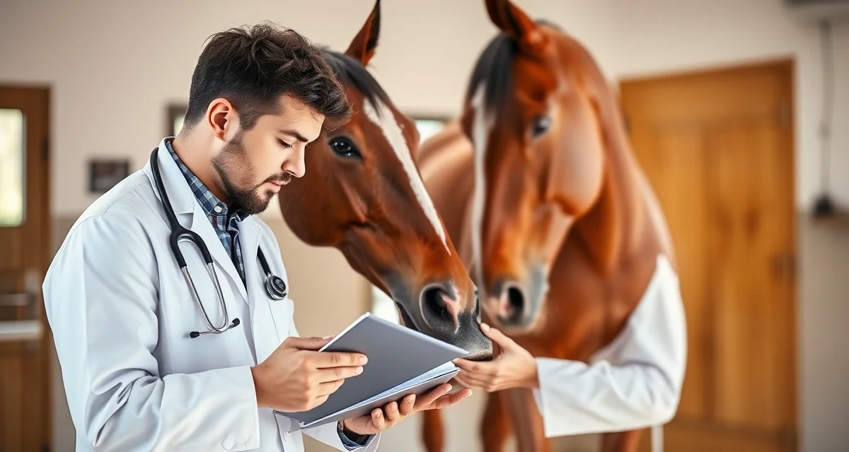 Professional farrier documenting horse medication history Farrier reviewing medication records while examining horse hoof for pain response and treatment monitoring during shoeing appointment.