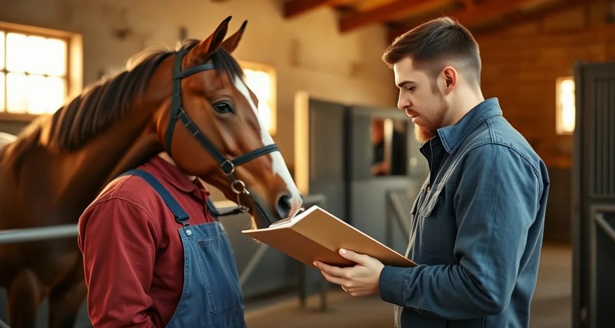 Professional farrier intake consultation process Farrier completing new client intake form during horse consultation at stable with owner present