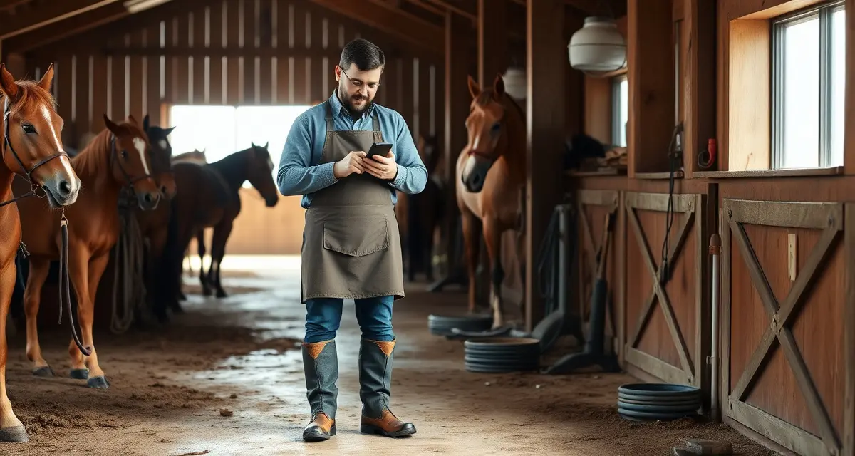 Offline farrier scheduling technology for dead zones Farrier using offline mobile app for scheduling and hoof care management in rural barn location without cell coverage