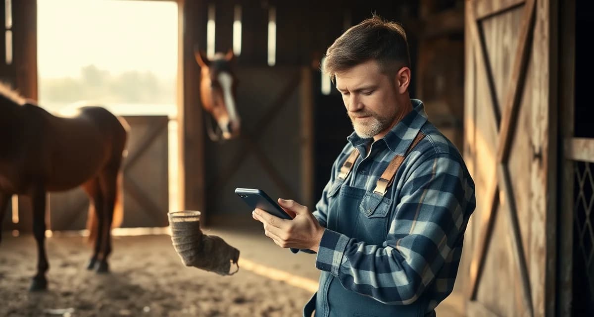 Offline-first farrier management for rural locations Rural farrier using offline scheduling software on mobile device while working with horse hoof care in remote barn without cell signal