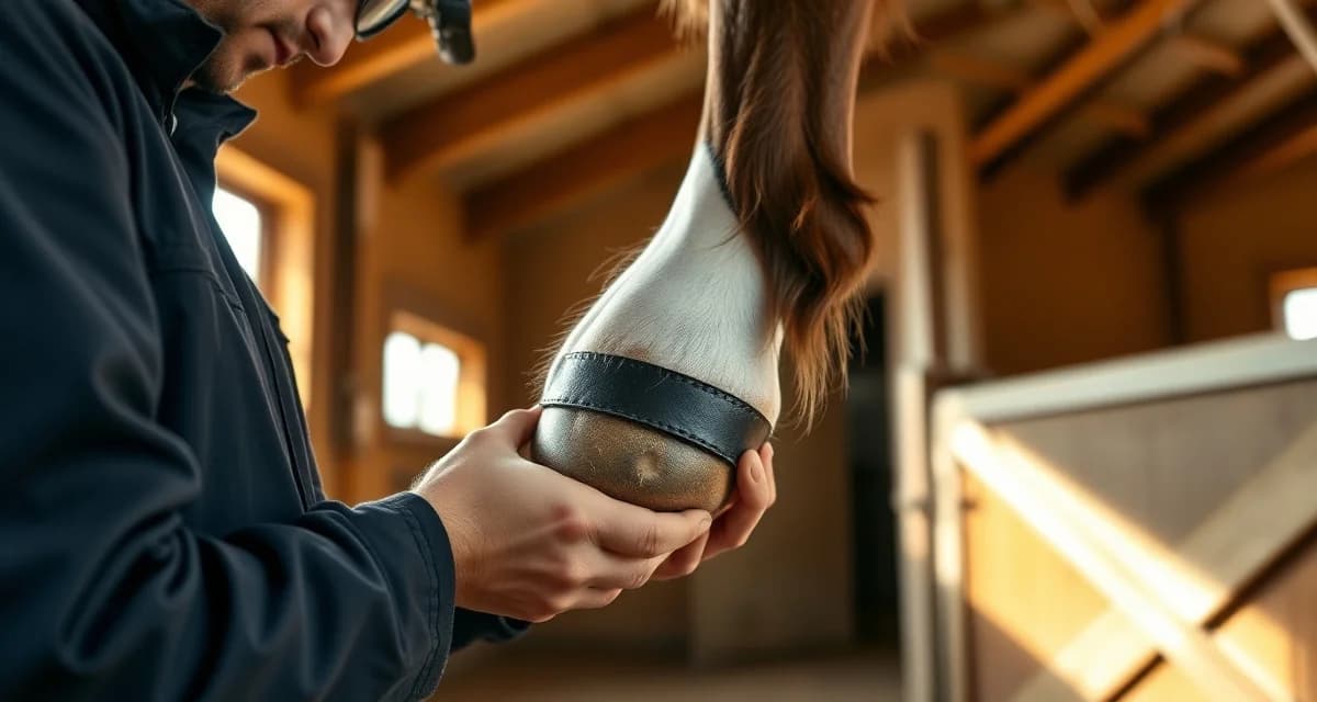 Professional farrier checking horse hooves for timely trim scheduling Farrier performing hoof care assessment on horse to prevent overdue trim appointments and maintain equine wellness.