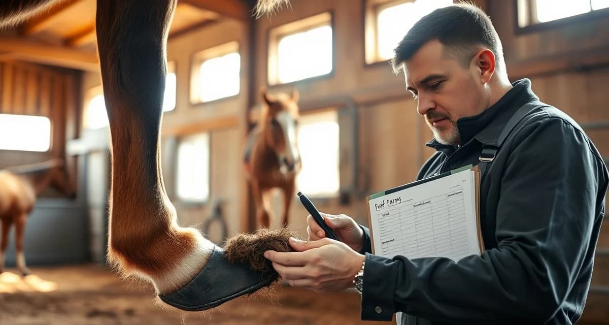Hoof care tracking management for farriers Farrier inspecting horse hoof to track overdue shoeing schedules and prevent emergency calls