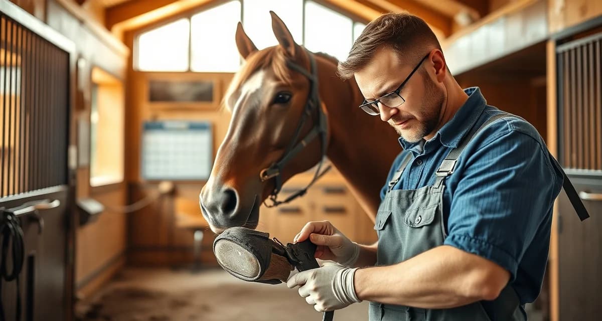 Professional hoof care management for farrier scheduling Farrier performing hoof care on horse in stable, demonstrating professional farrier scheduling and horse management practices.