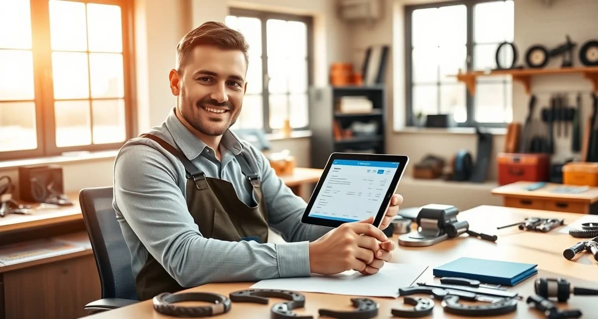 Modern farrier scheduling and invoicing solution Farrier using digital invoicing software on tablet to streamline billing and payment collection processes